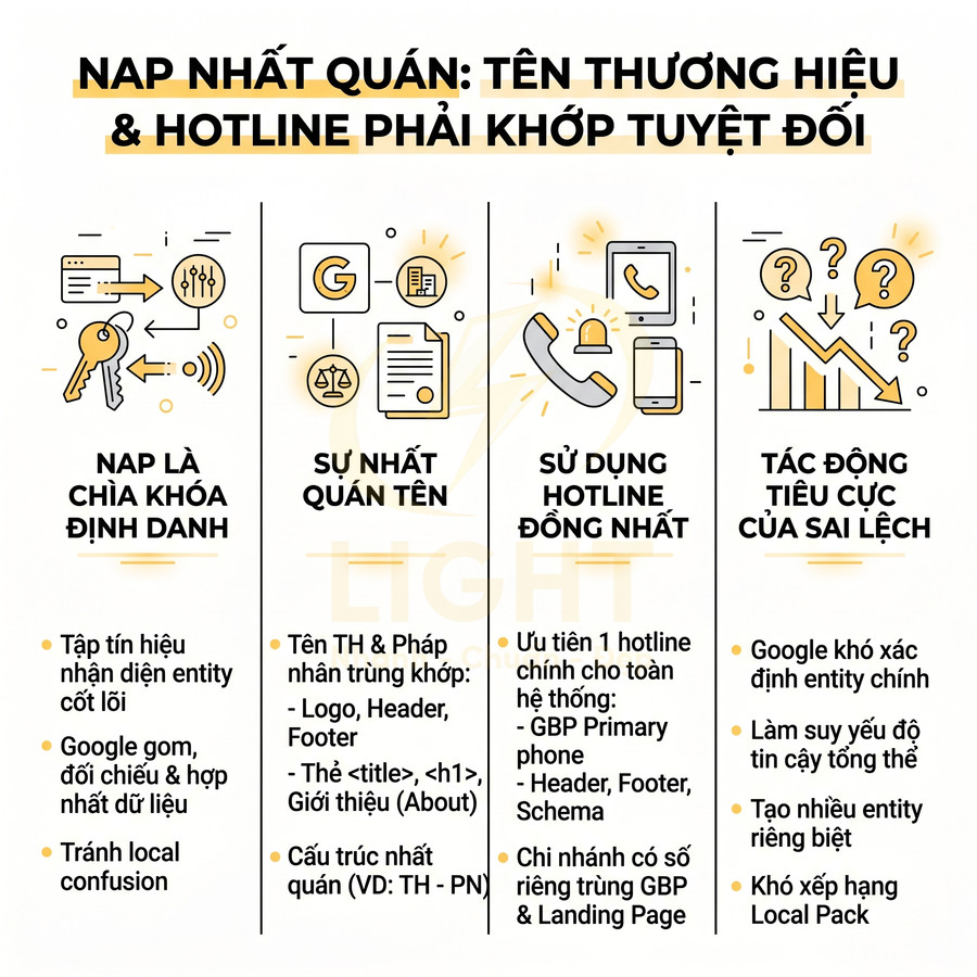 Hướng dẫn NAP nhất quán cho doanh nghiệp với tên thương hiệu và hotline đồng nhất trong SEO Local